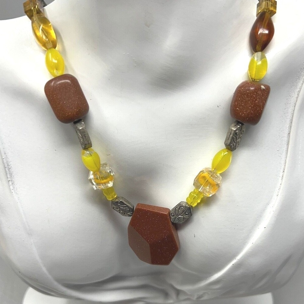 Brown‎ and Yellow Beaded Necklace Silver Tone Accents
